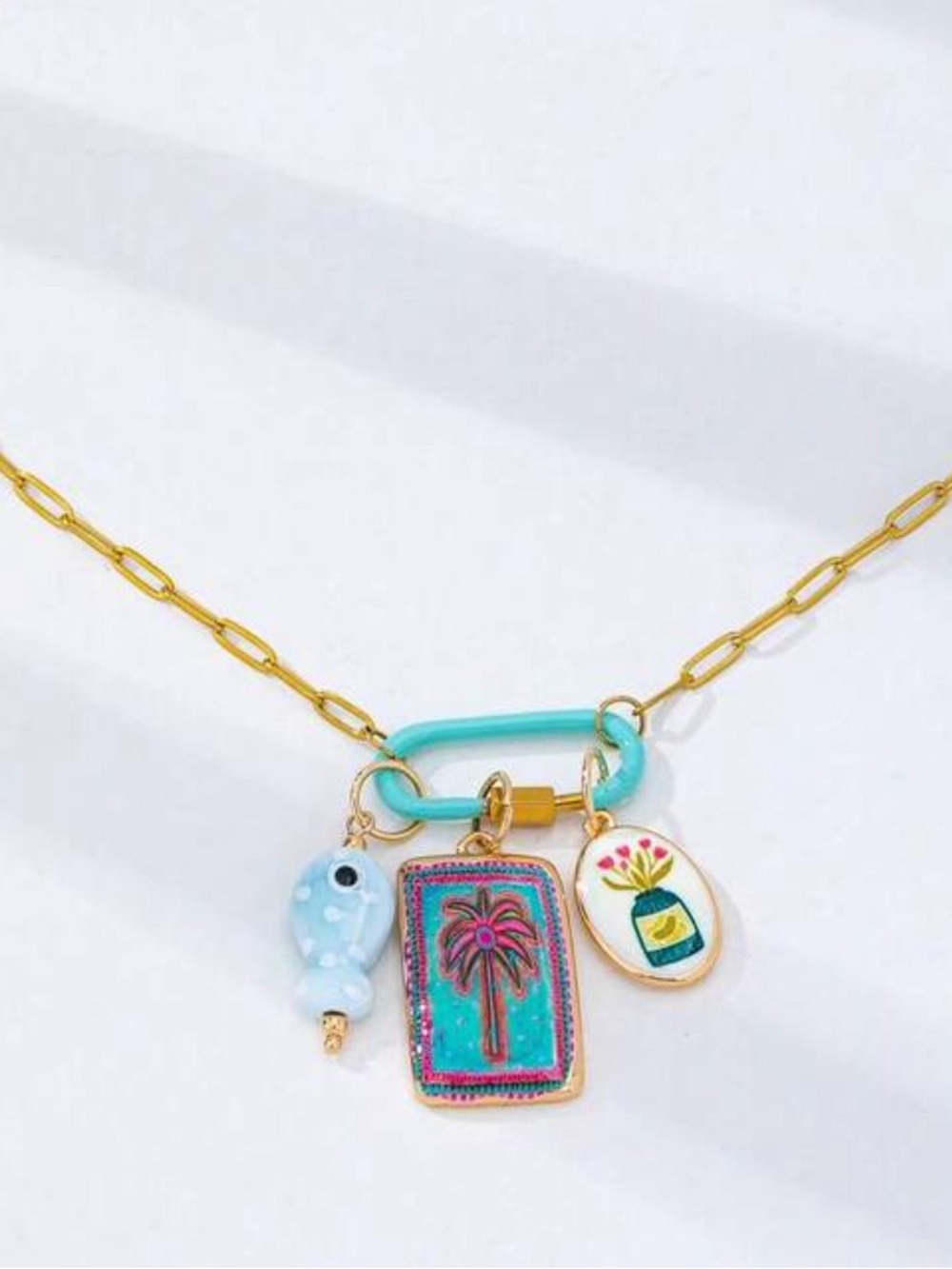 New! Coastal Carabiner 18K Gold Plated Palm Tree Fish Charm Necklace NWOT - Picture 2 of 3